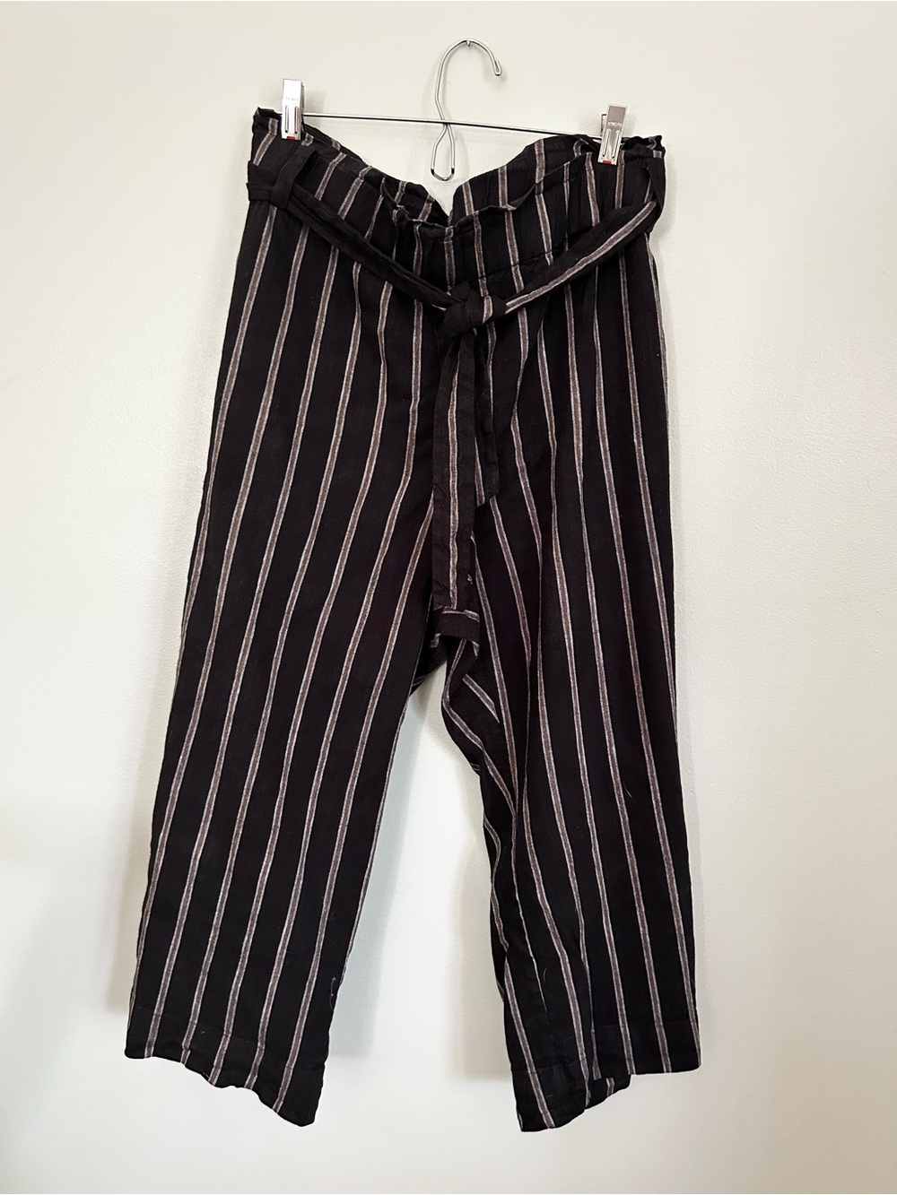 J. Jill Black Linen-Blend Vertical Stripe Pants Relaxed Summer Belted Cropped